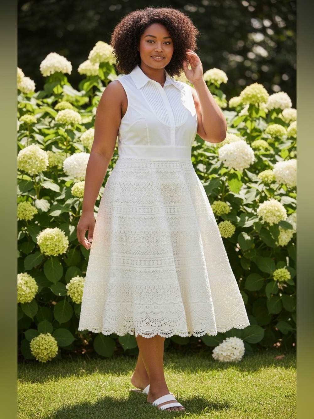 Karen Millen White Sleeveless Pleated Shirt Dress Lace Skater Panel Sz US 10